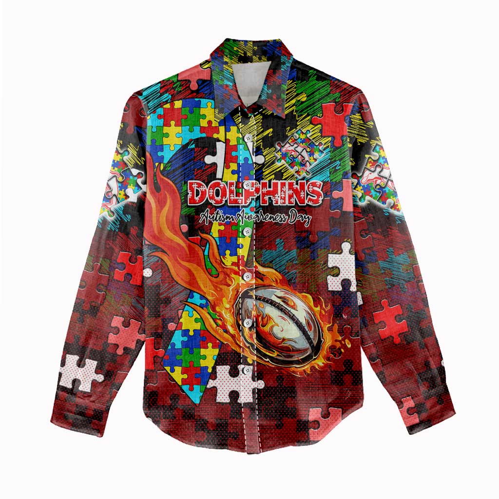 Dolphins Autism Awareness Women Casual Shirt Puzzle Flames Rugby Ball