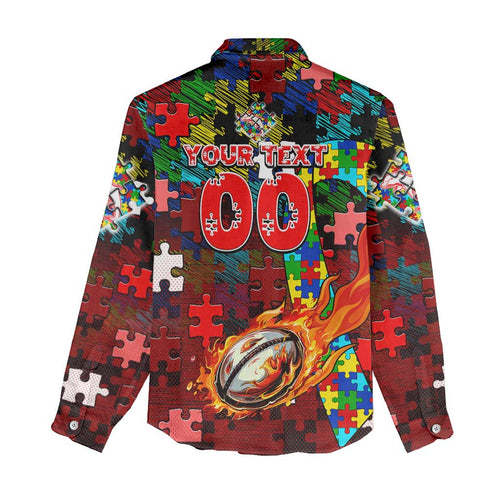 Dolphins Autism Awareness Women Casual Shirt Puzzle Flames Rugby Ball