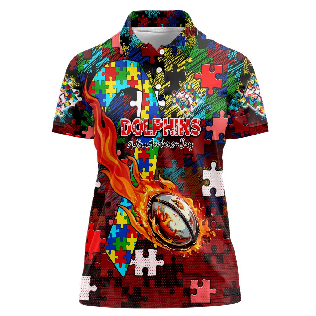Dolphins Autism Awareness Women Polo Shirt Puzzle Flames Rugby Ball