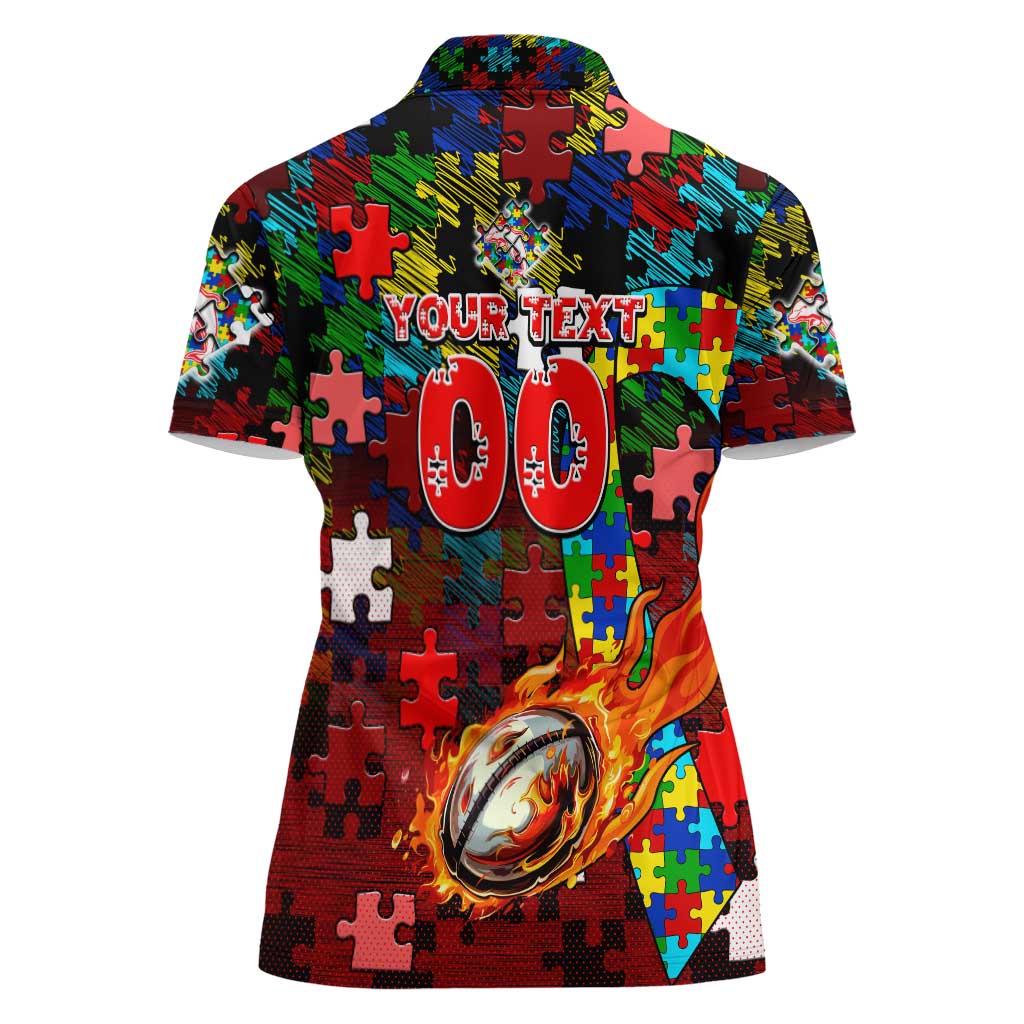 Dolphins Autism Awareness Women Polo Shirt Puzzle Flames Rugby Ball