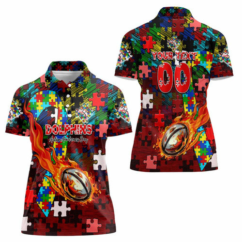 Dolphins Autism Awareness Women Polo Shirt Puzzle Flames Rugby Ball