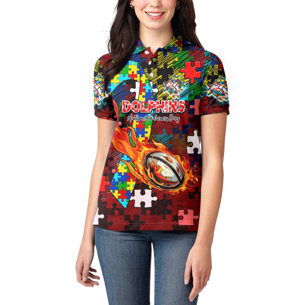 Dolphins Autism Awareness Women Polo Shirt Puzzle Flames Rugby Ball