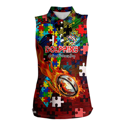 Dolphins Autism Awareness Women Sleeveless Polo Shirt Puzzle Flames Rugby Ball