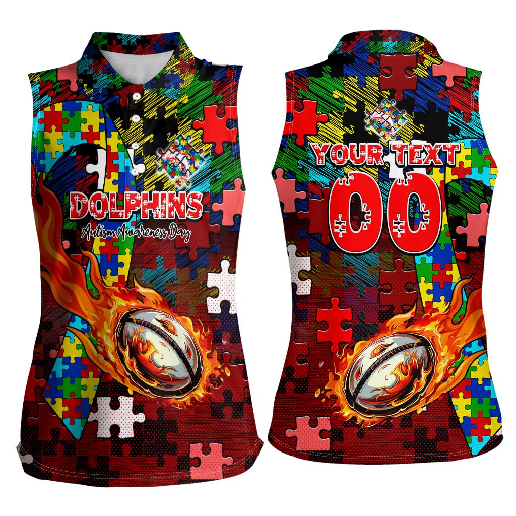 Dolphins Autism Awareness Women Sleeveless Polo Shirt Puzzle Flames Rugby Ball