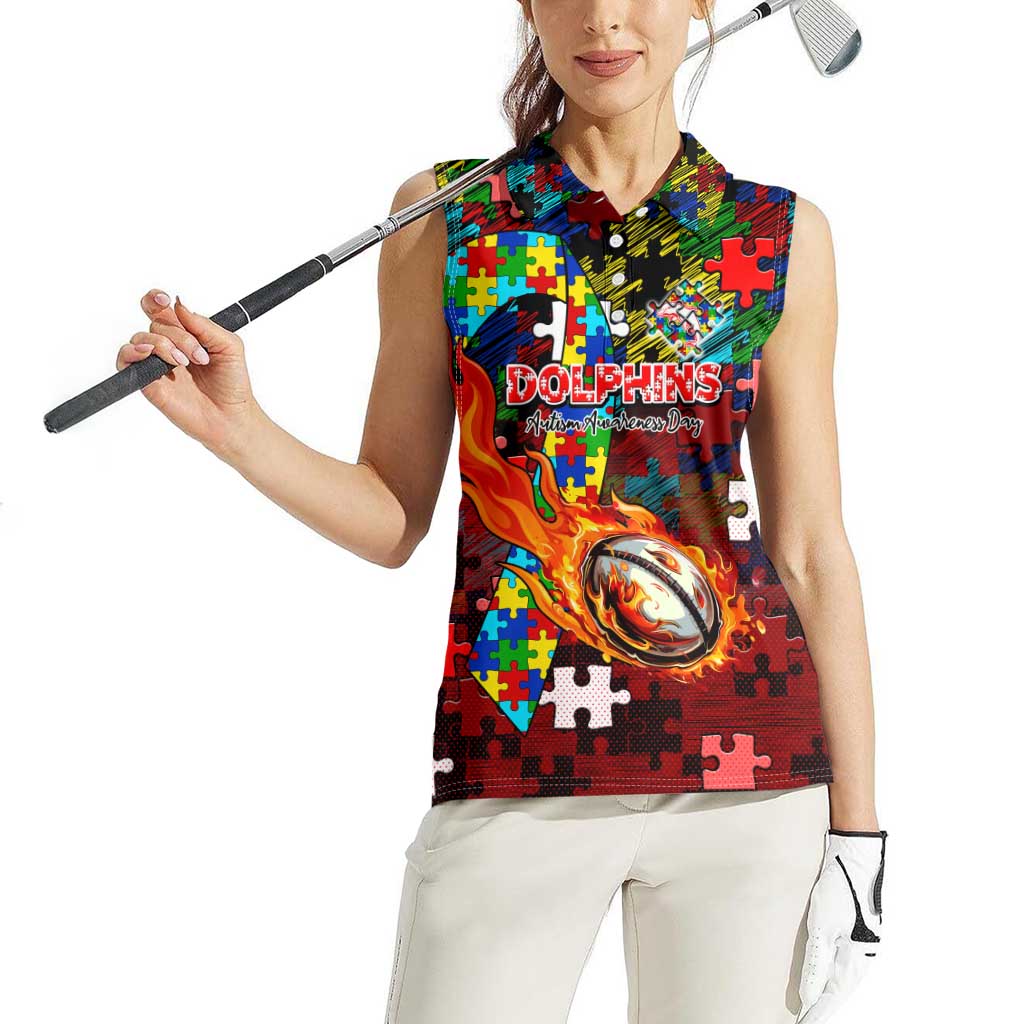 Dolphins Autism Awareness Women Sleeveless Polo Shirt Puzzle Flames Rugby Ball