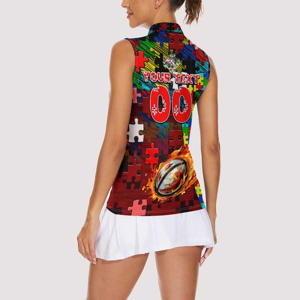 Dolphins Autism Awareness Women Sleeveless Polo Shirt Puzzle Flames Rugby Ball