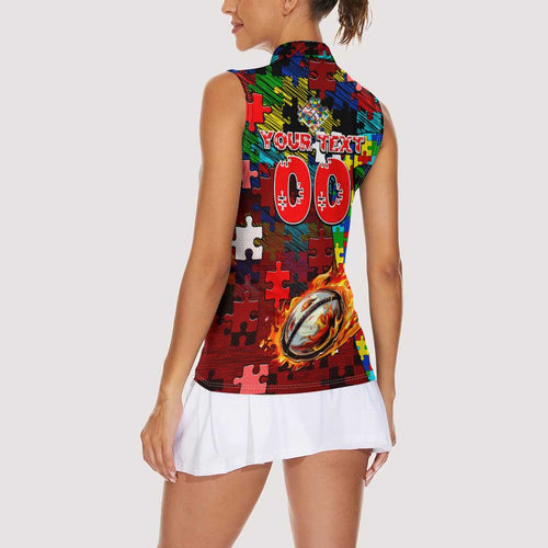 Dolphins Autism Awareness Women Sleeveless Polo Shirt Puzzle Flames Rugby Ball