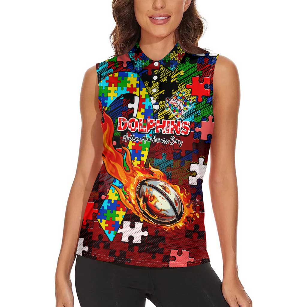 Dolphins Autism Awareness Women Sleeveless Polo Shirt Puzzle Flames Rugby Ball