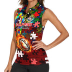 Dolphins Autism Awareness Women Sleeveless Polo Shirt Puzzle Flames Rugby Ball