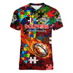 Dolphins Autism Awareness Women V-Neck T-Shirt Puzzle Flames Rugby Ball