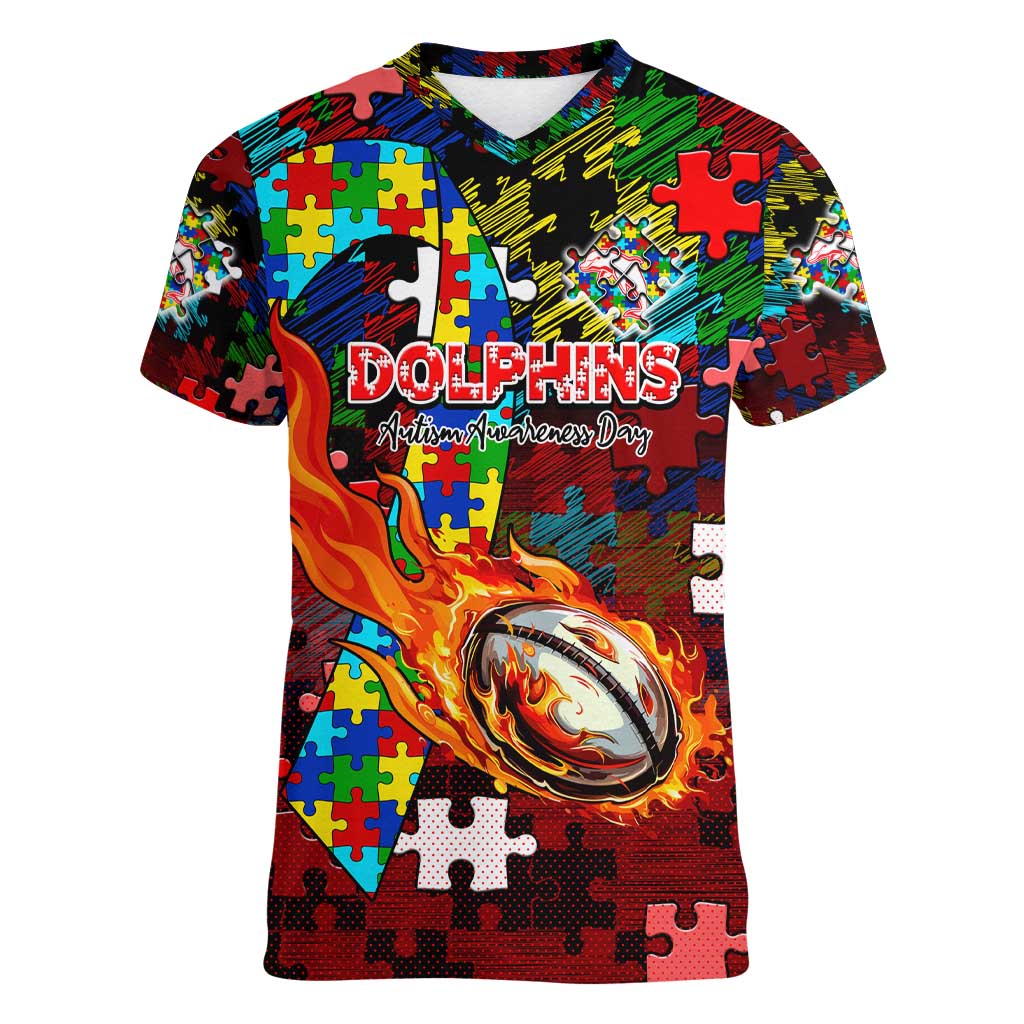 Dolphins Autism Awareness Women V-Neck T-Shirt Puzzle Flames Rugby Ball