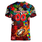 Dolphins Autism Awareness Women V-Neck T-Shirt Puzzle Flames Rugby Ball