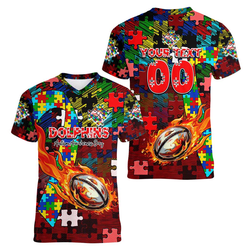Dolphins Autism Awareness Women V-Neck T-Shirt Puzzle Flames Rugby Ball