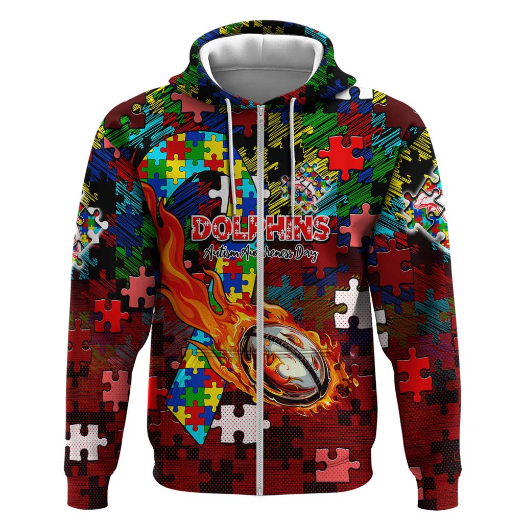 Dolphins Autism Awareness Zip Hoodie Puzzle Flames Rugby Ball