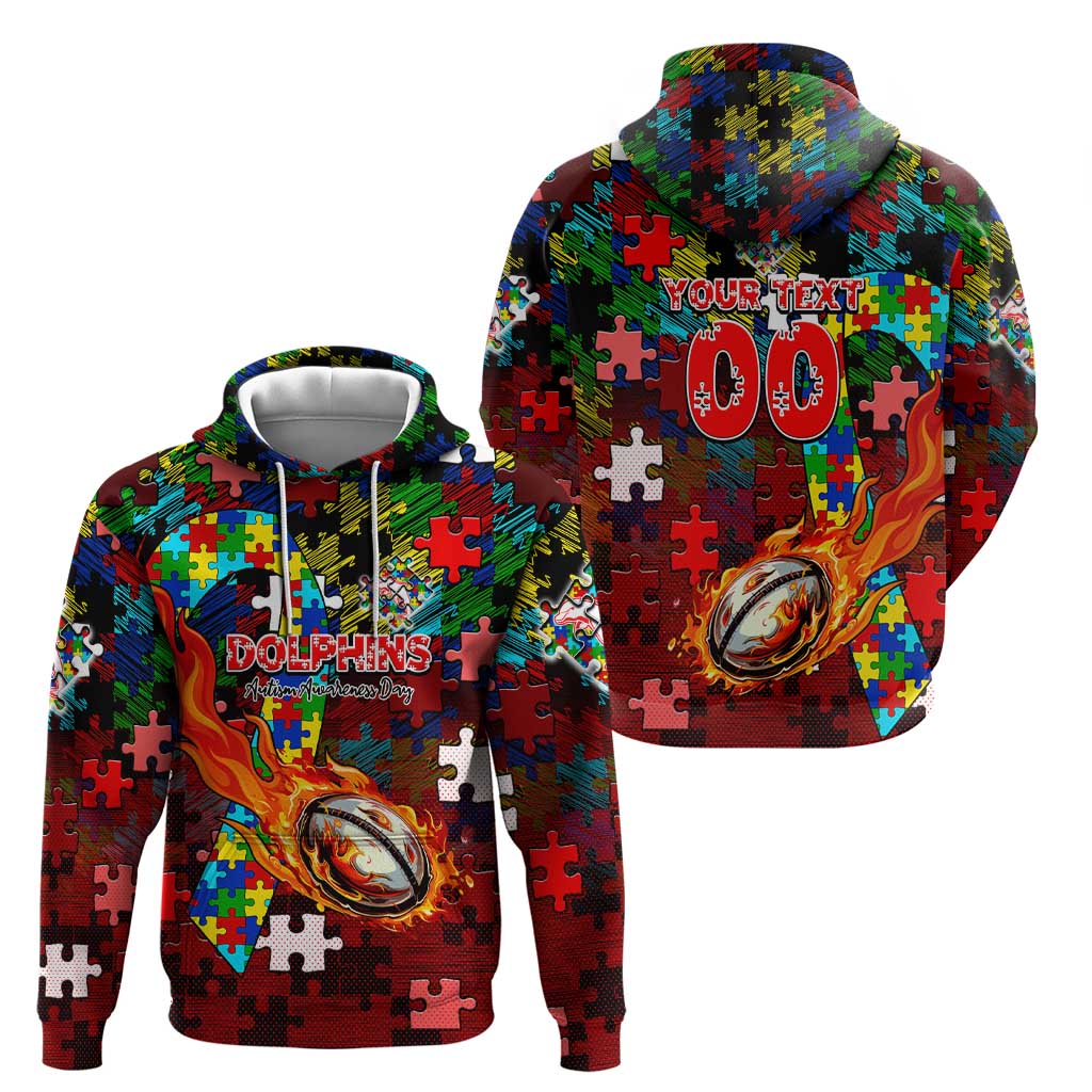 Dolphins Autism Awareness Zip Hoodie Puzzle Flames Rugby Ball