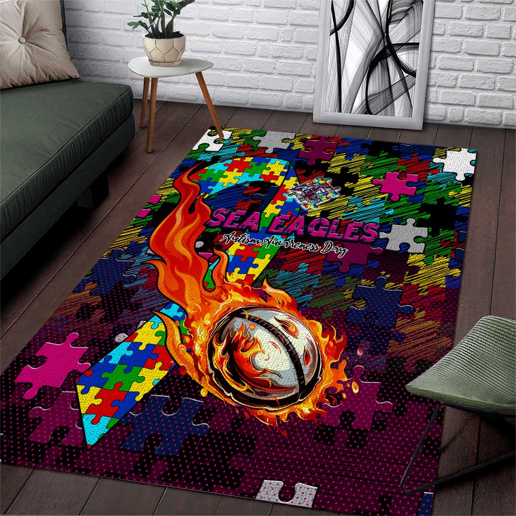 Sea Eagles Autism Awareness Area Rug Puzzle Flames Rugby Ball