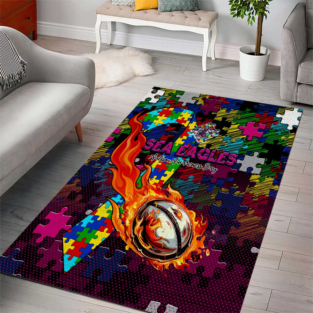 Sea Eagles Autism Awareness Area Rug Puzzle Flames Rugby Ball