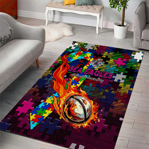 Sea Eagles Autism Awareness Area Rug Puzzle Flames Rugby Ball