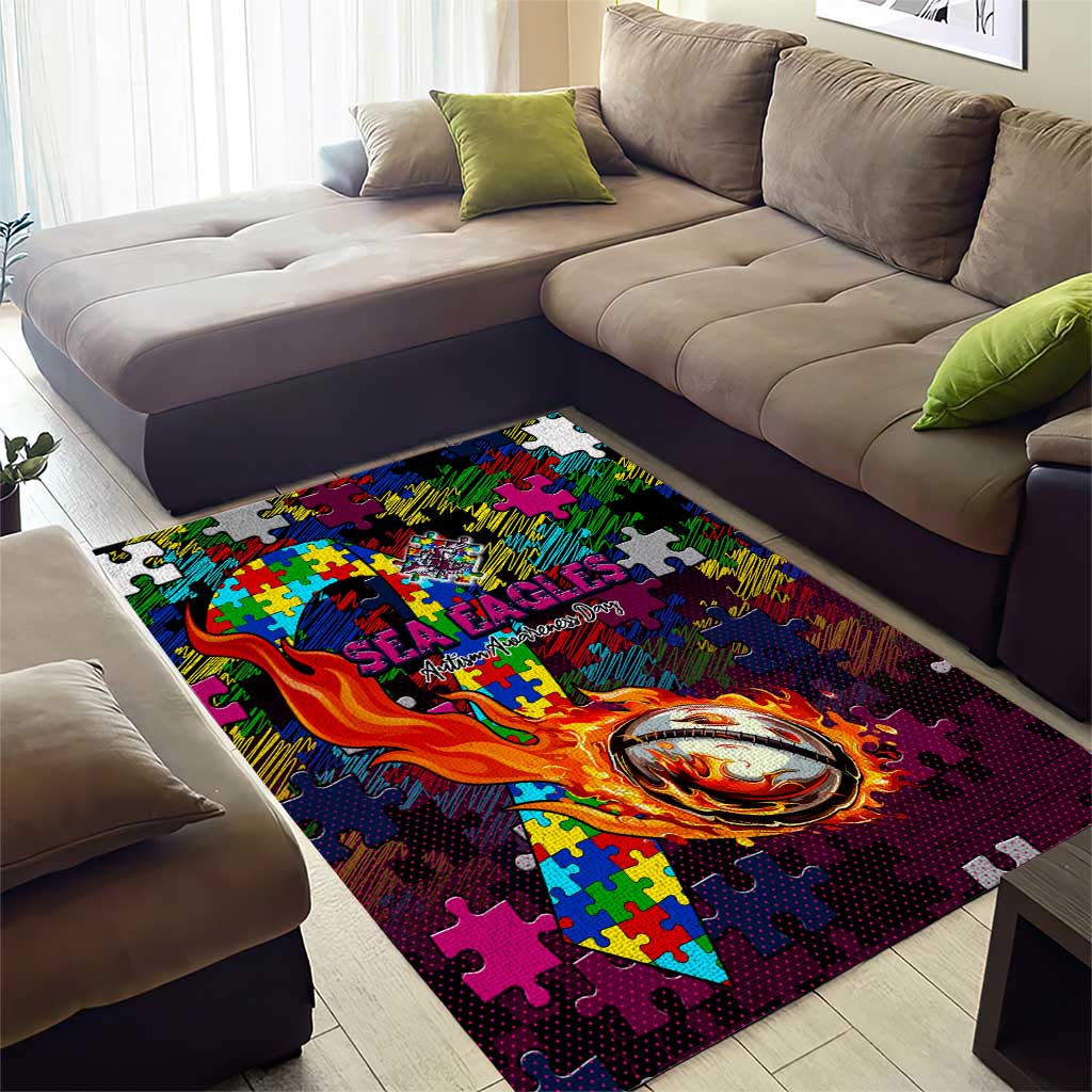 Sea Eagles Autism Awareness Area Rug Puzzle Flames Rugby Ball