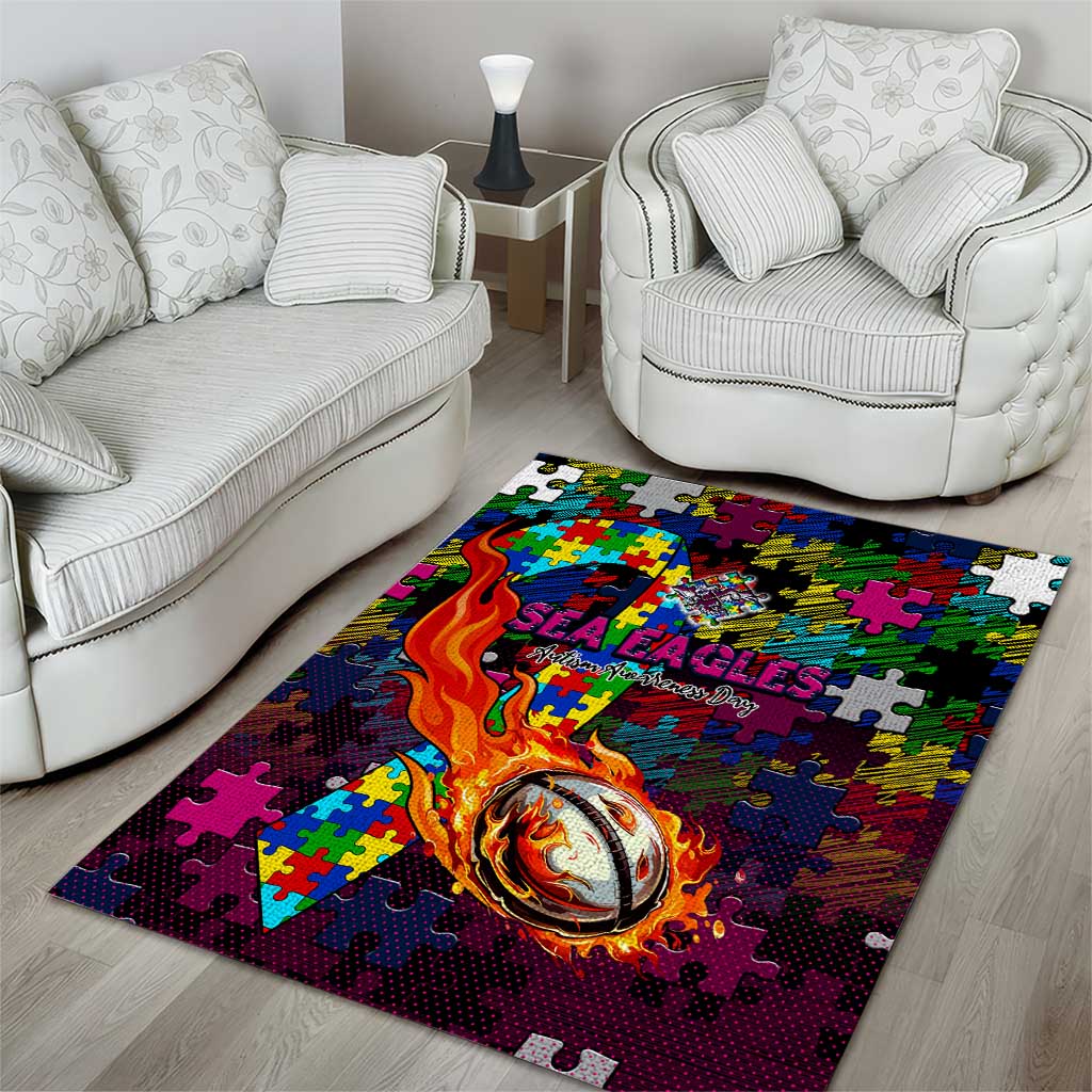 Sea Eagles Autism Awareness Area Rug Puzzle Flames Rugby Ball