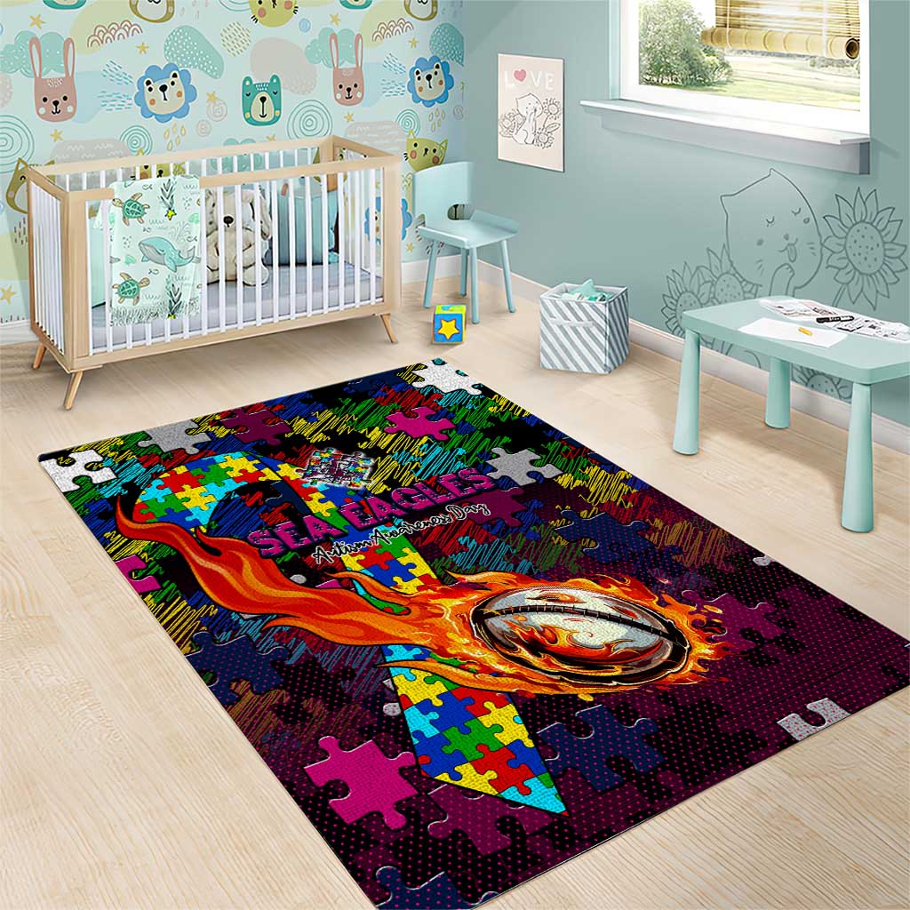 Sea Eagles Autism Awareness Area Rug Puzzle Flames Rugby Ball