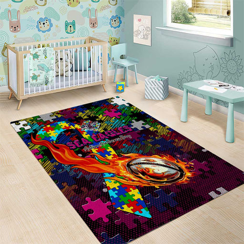 Sea Eagles Autism Awareness Area Rug Puzzle Flames Rugby Ball