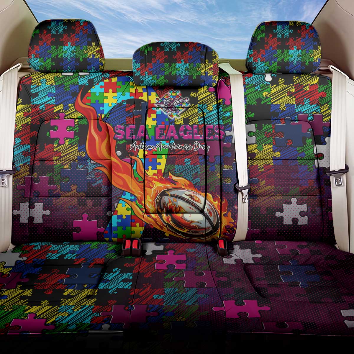 Sea Eagles Autism Awareness Back Car Seat Cover Puzzle Flames Rugby Ball