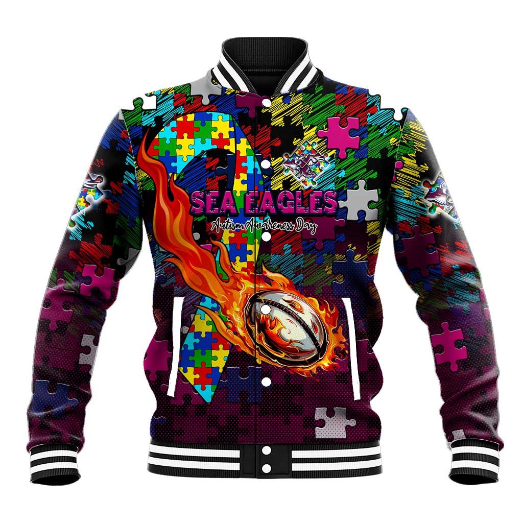 Sea Eagles Autism Awareness Baseball Jacket Puzzle Flames Rugby Ball