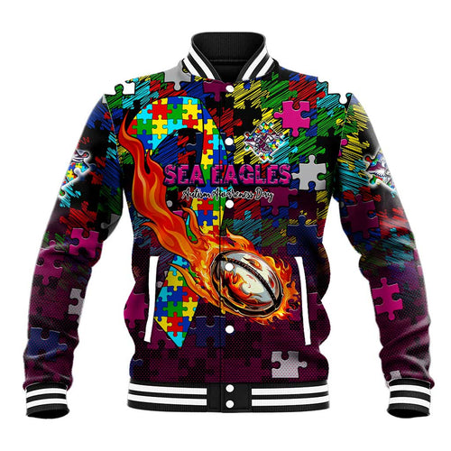 Sea Eagles Autism Awareness Baseball Jacket Puzzle Flames Rugby Ball