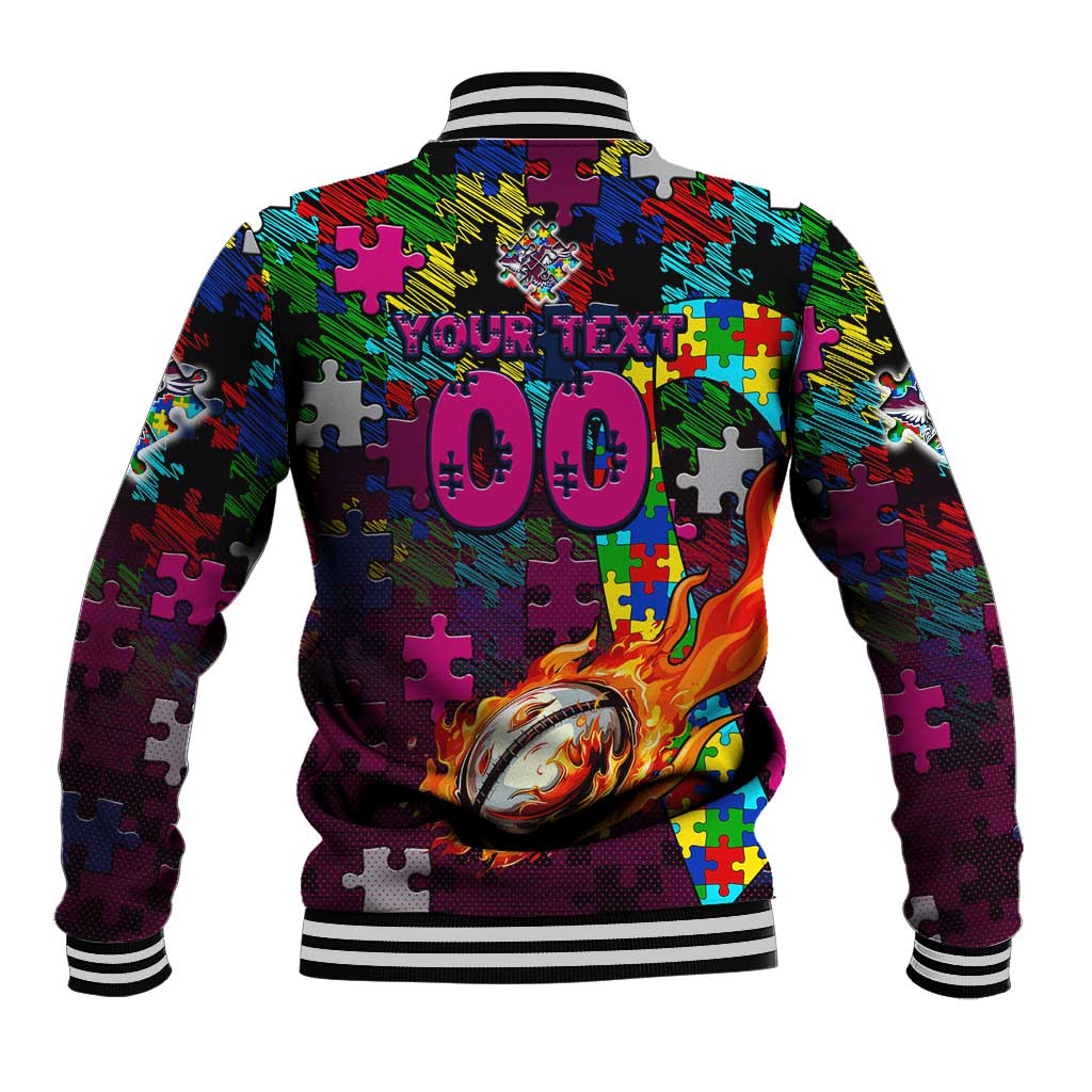 Sea Eagles Autism Awareness Baseball Jacket Puzzle Flames Rugby Ball