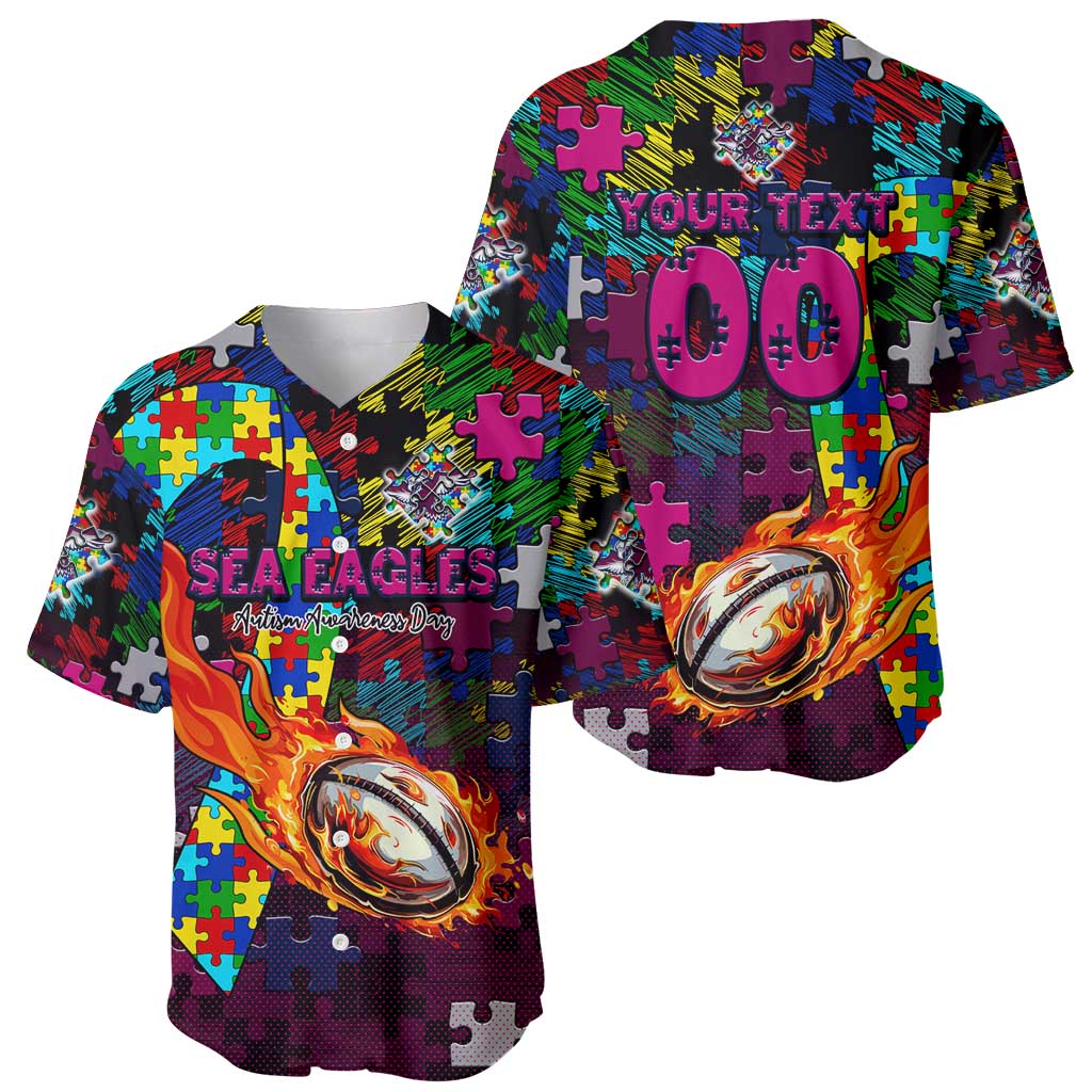 Sea Eagles Autism Awareness Baseball Jersey Puzzle Flames Rugby Ball