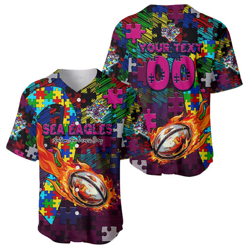 Sea Eagles Autism Awareness Baseball Jersey Puzzle Flames Rugby Ball