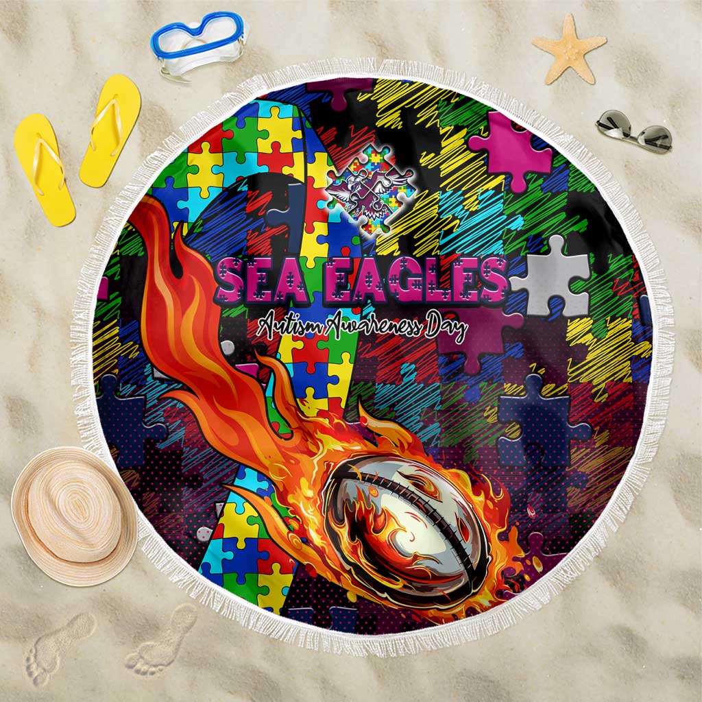 Sea Eagles Autism Awareness Beach Blanket Puzzle Flames Rugby Ball
