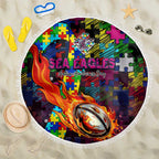 Sea Eagles Autism Awareness Beach Blanket Puzzle Flames Rugby Ball