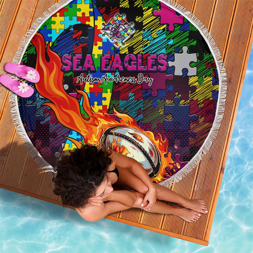 Sea Eagles Autism Awareness Beach Blanket Puzzle Flames Rugby Ball