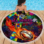 Sea Eagles Autism Awareness Beach Blanket Puzzle Flames Rugby Ball