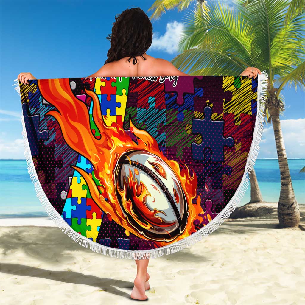 Sea Eagles Autism Awareness Beach Blanket Puzzle Flames Rugby Ball