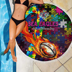 Sea Eagles Autism Awareness Beach Blanket Puzzle Flames Rugby Ball