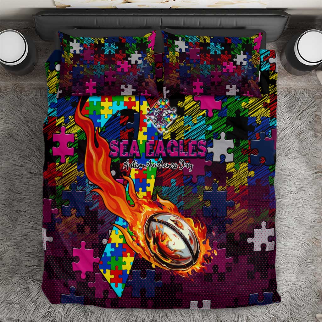 Sea Eagles Autism Awareness Bedding Set Puzzle Flames Rugby Ball