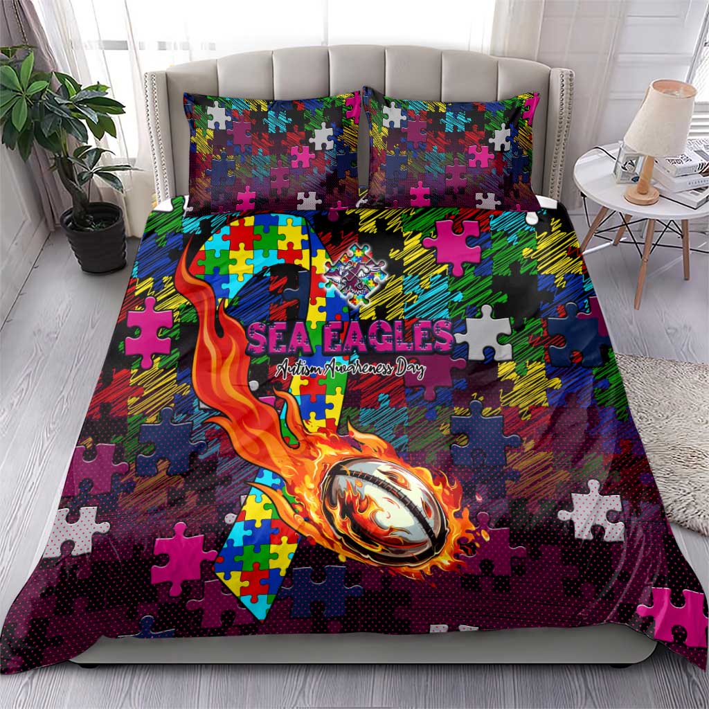 Sea Eagles Autism Awareness Bedding Set Puzzle Flames Rugby Ball