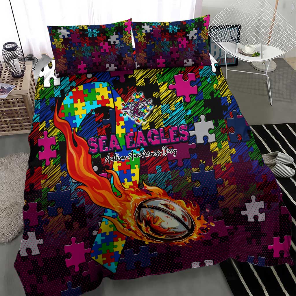 Sea Eagles Autism Awareness Bedding Set Puzzle Flames Rugby Ball