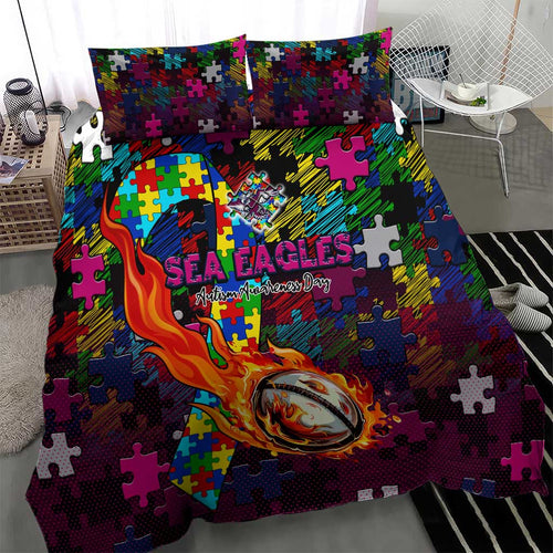 Sea Eagles Autism Awareness Bedding Set Puzzle Flames Rugby Ball