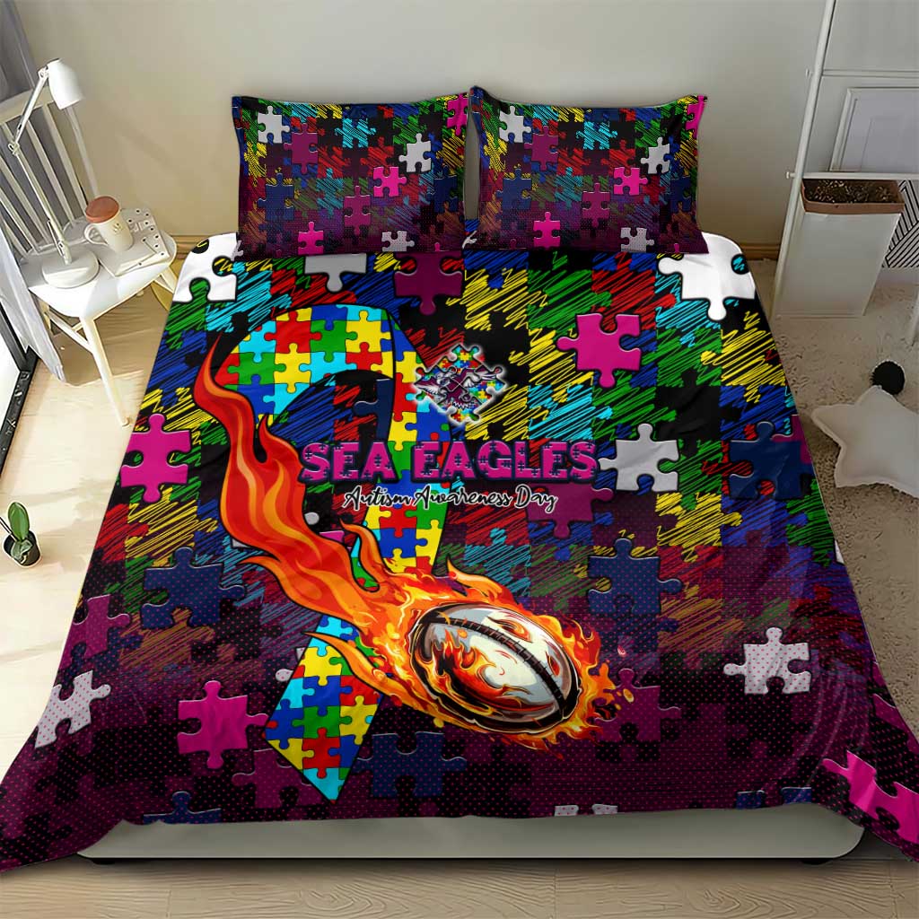 Sea Eagles Autism Awareness Bedding Set Puzzle Flames Rugby Ball