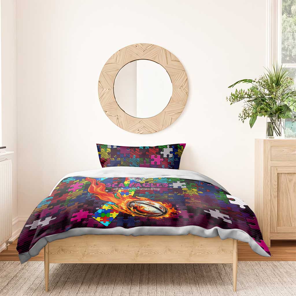 Sea Eagles Autism Awareness Bedding Set Puzzle Flames Rugby Ball