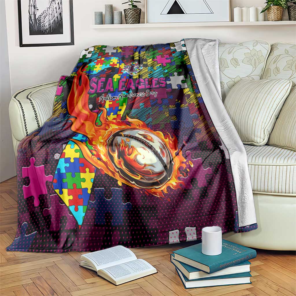 Sea Eagles Autism Awareness Blanket Puzzle Flames Rugby Ball
