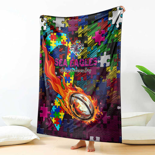 Sea Eagles Autism Awareness Blanket Puzzle Flames Rugby Ball