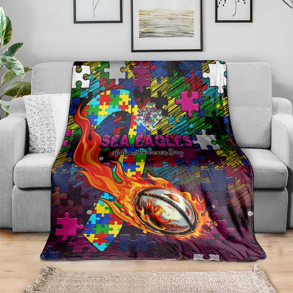 Sea Eagles Autism Awareness Blanket Puzzle Flames Rugby Ball