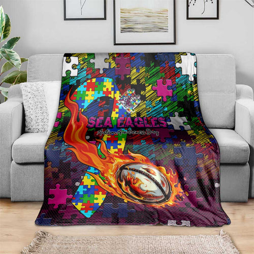Sea Eagles Autism Awareness Blanket Puzzle Flames Rugby Ball