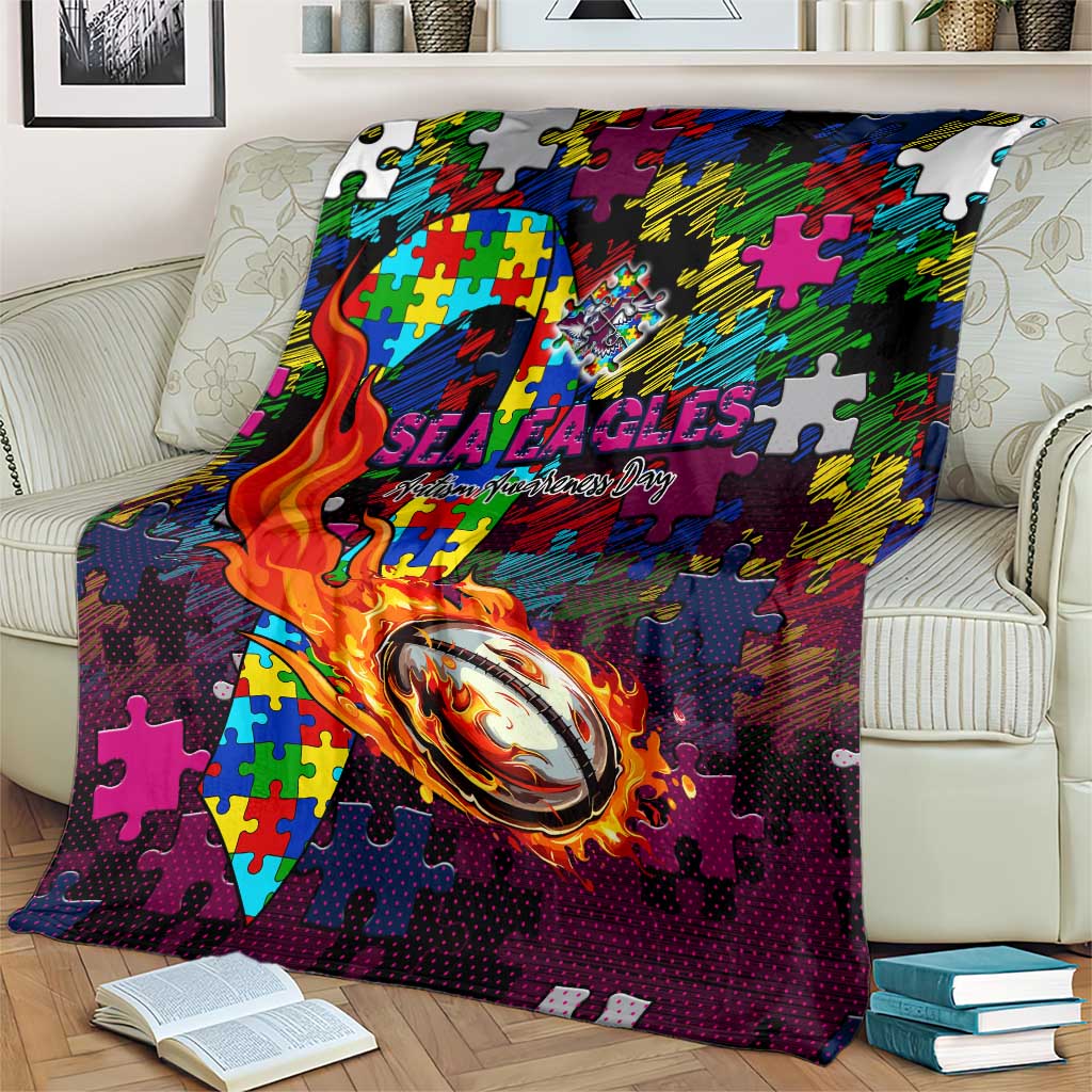 Sea Eagles Autism Awareness Blanket Puzzle Flames Rugby Ball