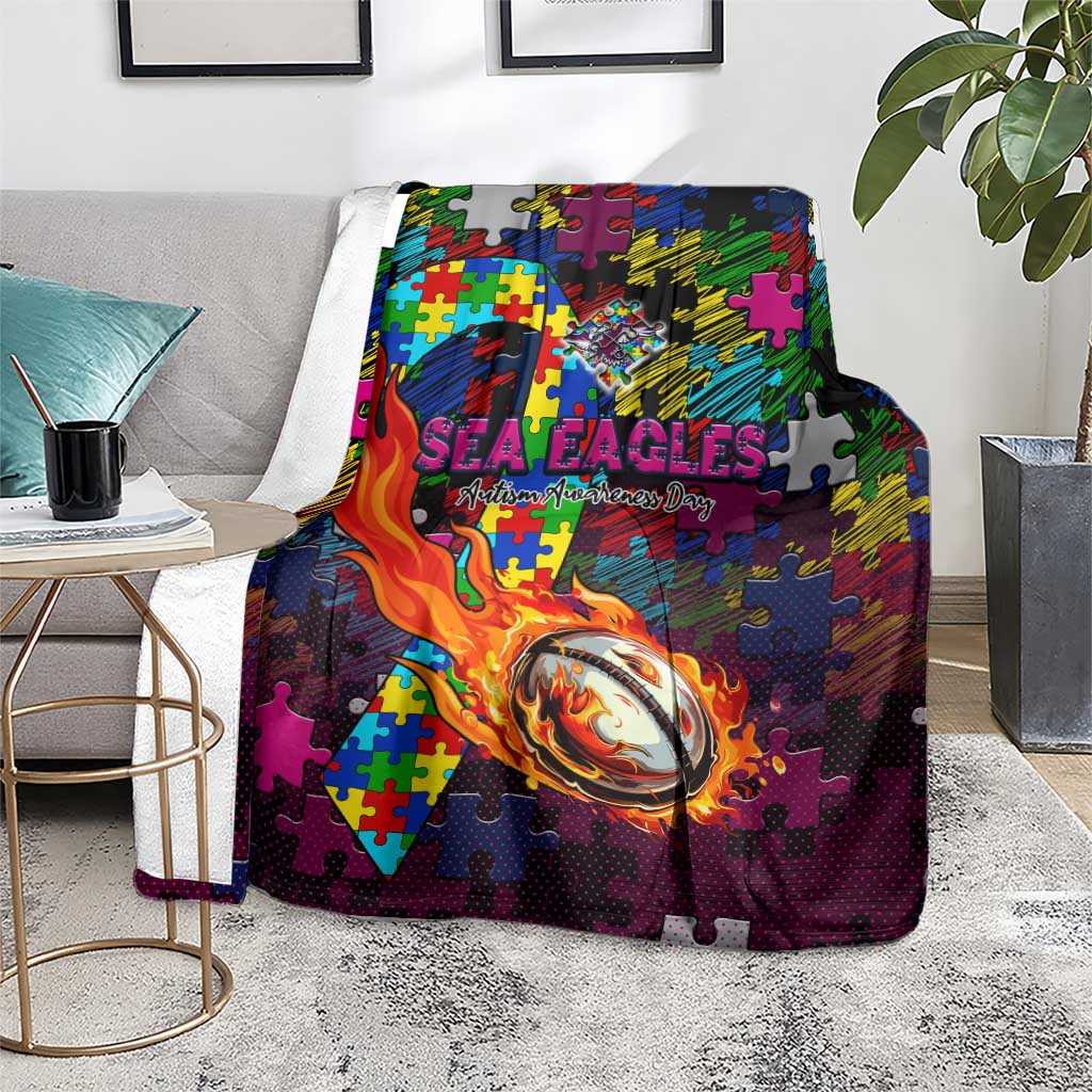 Sea Eagles Autism Awareness Blanket Puzzle Flames Rugby Ball